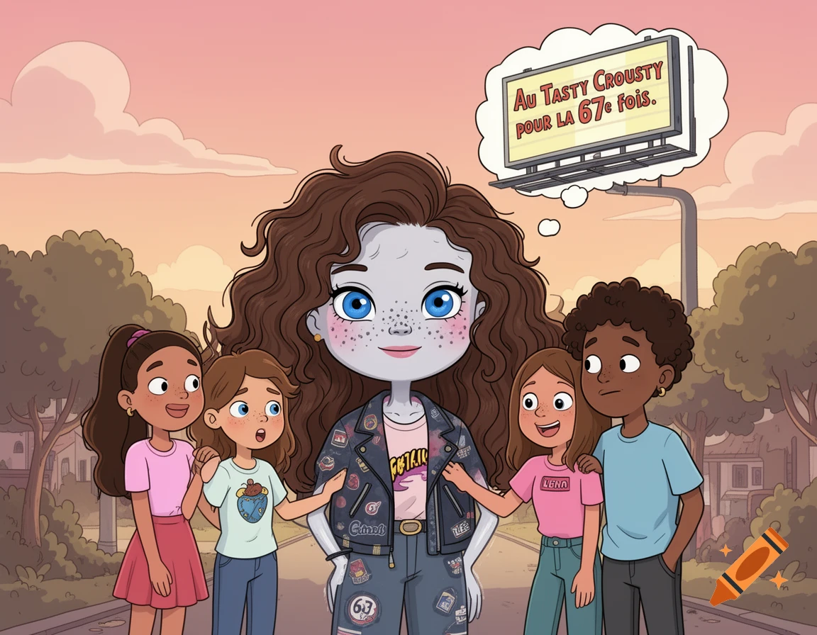 A cartoon of a grey-skinned girl with curly brown hair in a leather jacket, standing with four diverse children on a street. A thought bubble above reads: "Au Tasty Crousty POUR LA 67e fois."