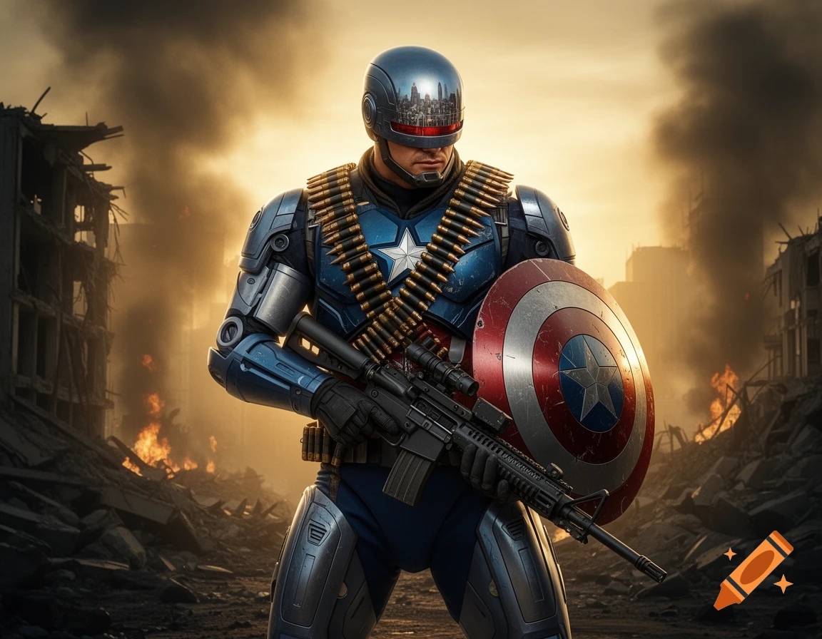 A Captain America-Robocop-Rambo hybrid superhero stands in a war-torn city, holding a rifle and Captain America shield. Photorealistic style.
