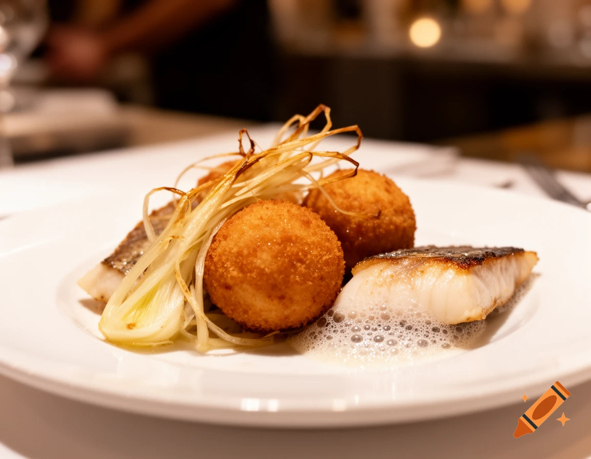 A close-up of a gourmet dish featuring pan-seared fish fillets, fried arancini, roasted fennel, and foamy sauce on a white plate.