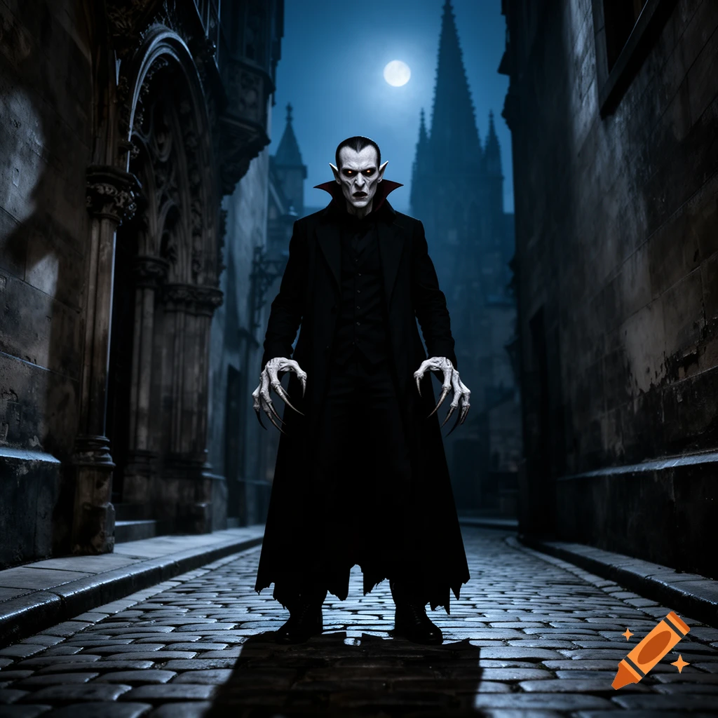 A pale, Nosferatu-inspired vampire with long claws and sharp fangs stands menacingly in a dark, moonlit cobblestone alley between old buildings.