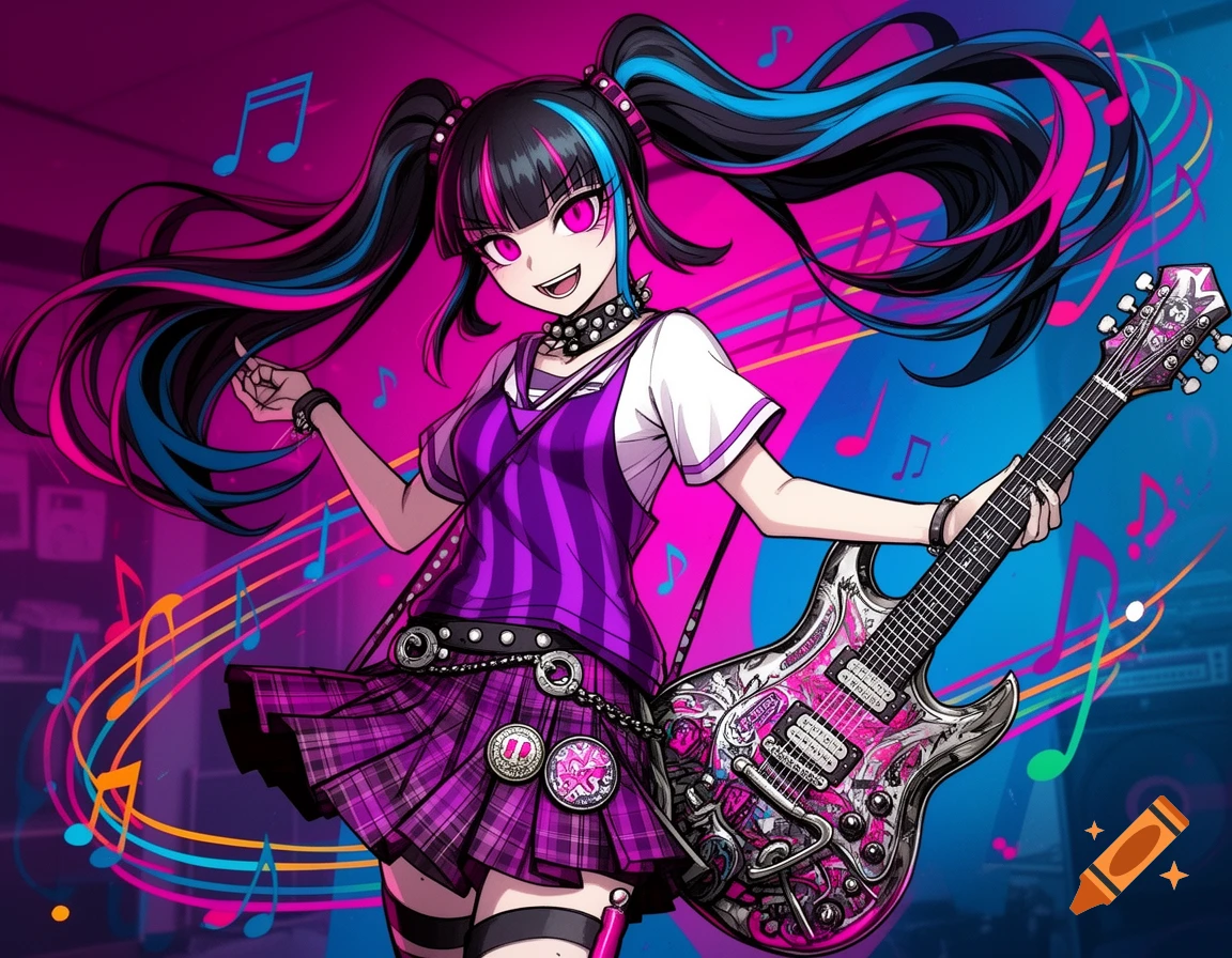 An anime girl with black, pink, and blue pigtails, wearing a purple striped top and plaid skirt, smiles while holding an intricately designed electric guitar. Musical notes float around her.