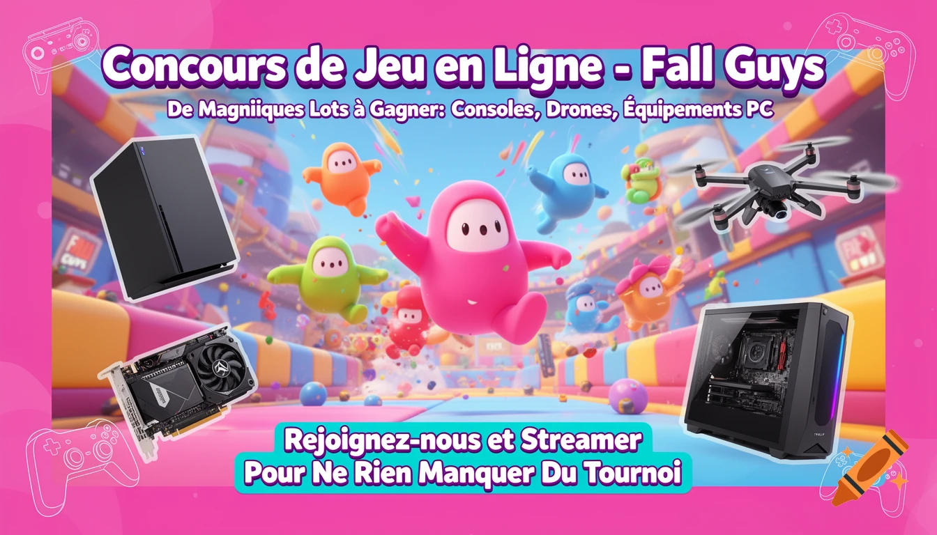 A colorful Fall Guys tournament poster featuring gaming consoles, a drone, and PC parts as prizes, with French text about an online contest.