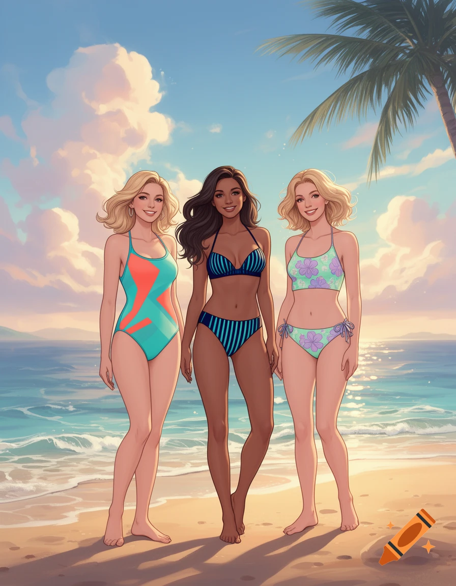 Three animated women in various swimsuits stand on a sunny beach with the ocean and a palm tree in the background.