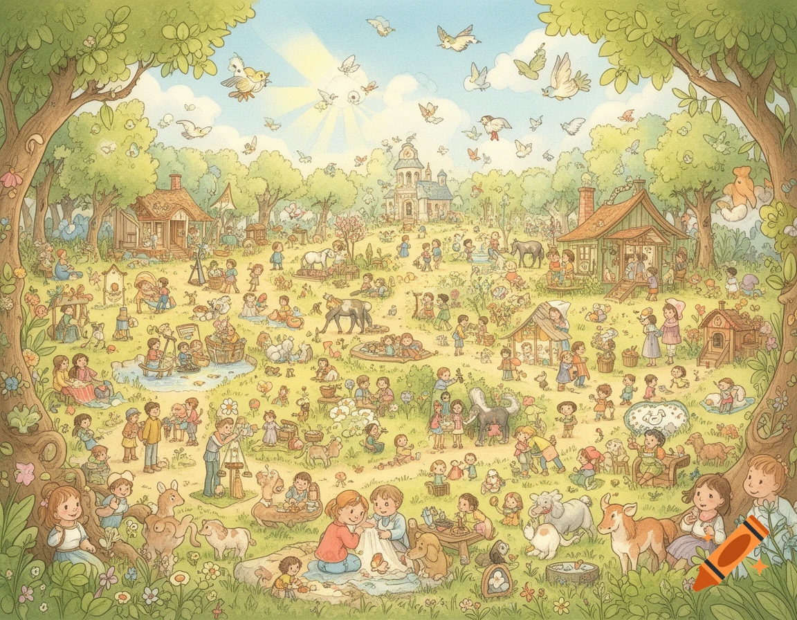 A detailed, hand-drawn children's illustration in a wimmelbild style, featuring a bustling natural scene with many children, animals, and cottages, depicted with watercolor and gouache textures.