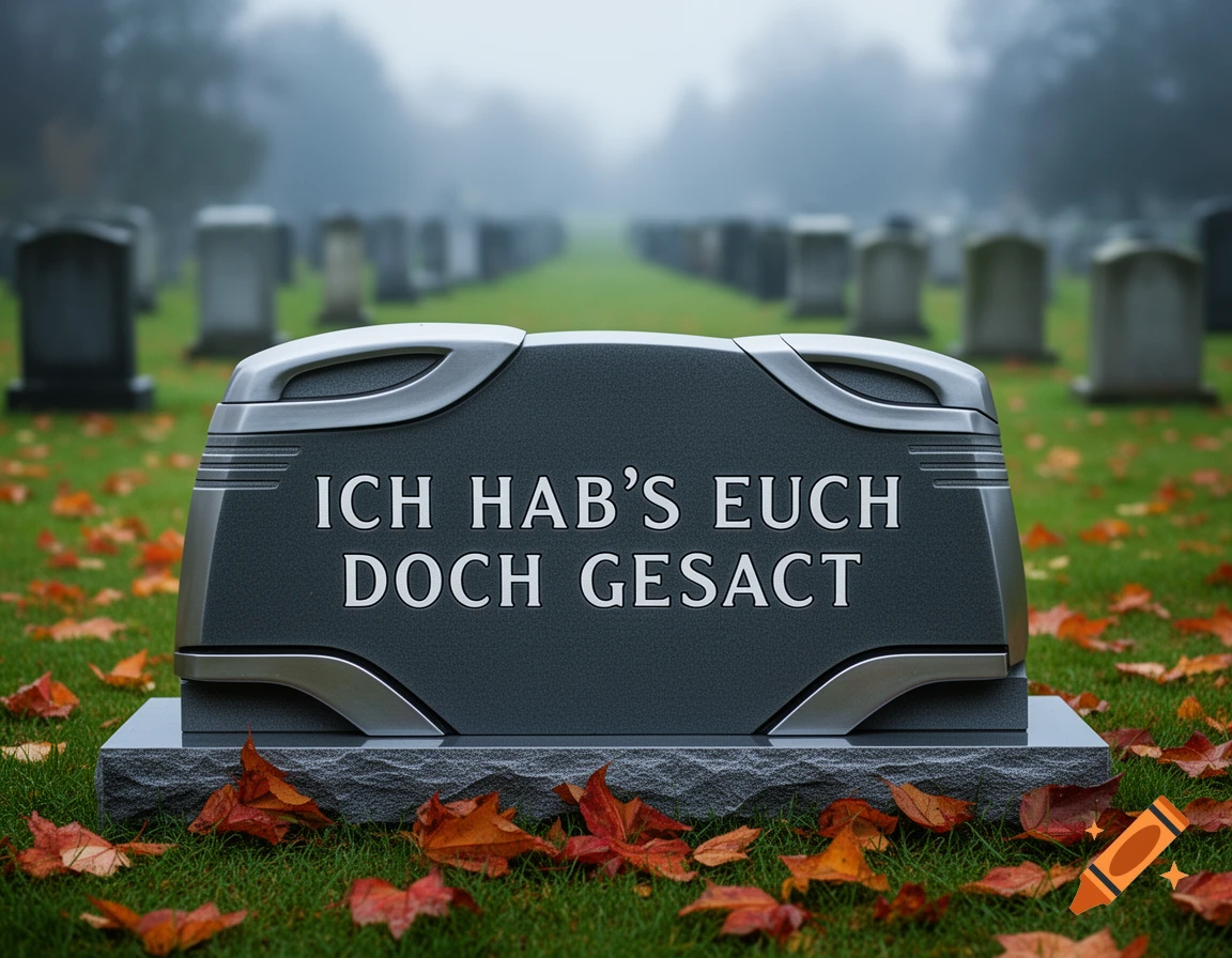 A modern, dark gray tombstone with metallic accents reads "ICH HAB'S EUCH DOCH GESAGT" in a misty graveyard with fall leaves.