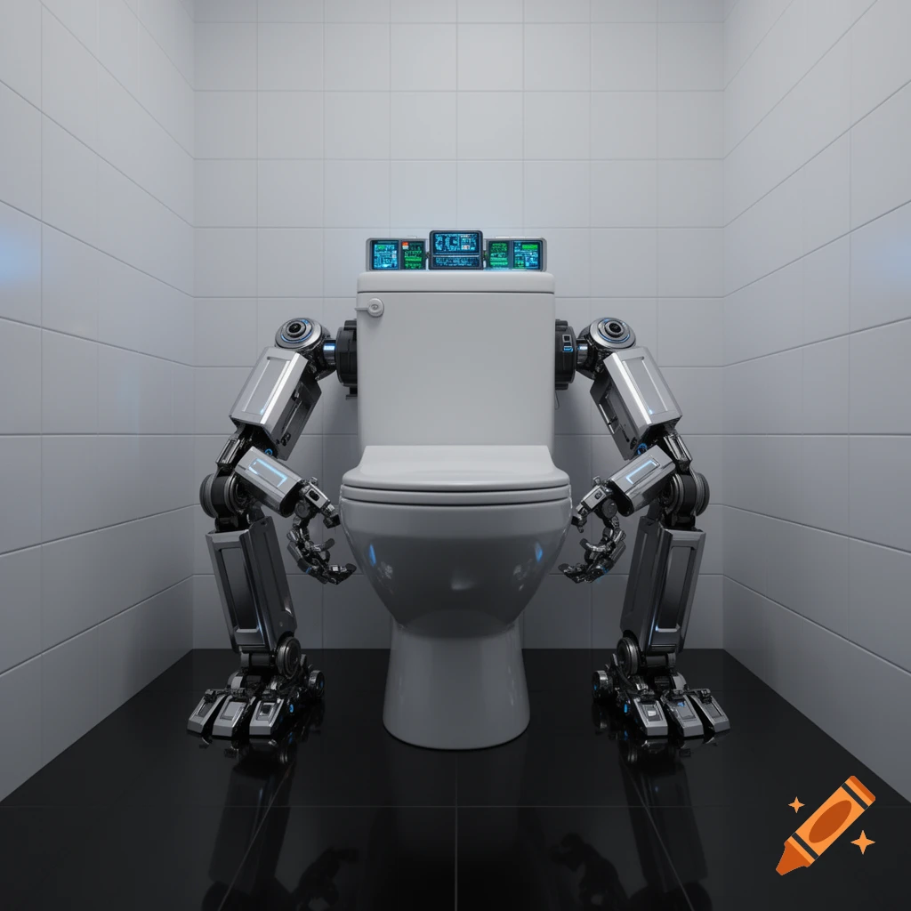 A white toilet in a tiled bathroom with metallic robot arms and legs, and small glowing screens on its tank.