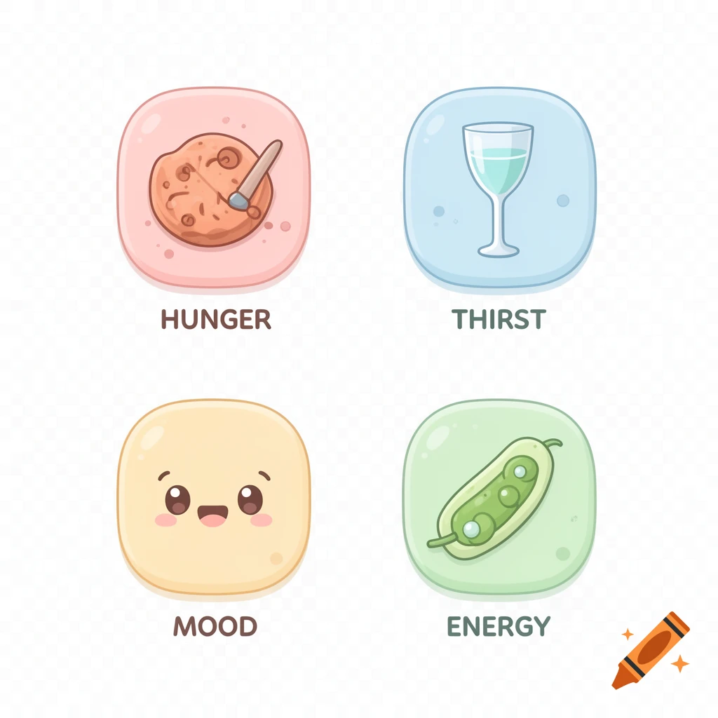 Four cute, pastel-colored mobile game UI icons. Top left: a meal for hunger. Top right: a glass of water for thirst. Bottom left: a smiling face for mood. Bottom right: a pea pod for energy.