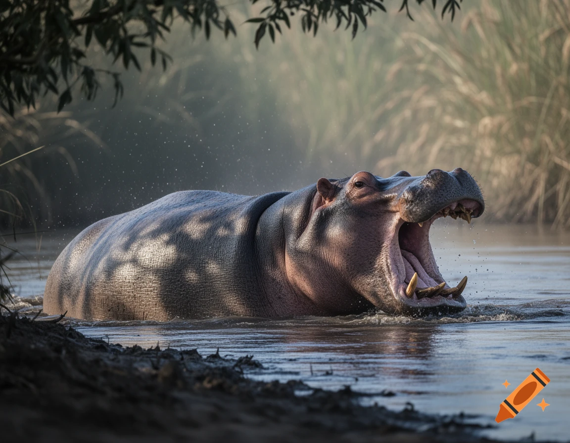 A hippopotamus opens its mouth wide, displaying teeth, standing in water near a muddy bank with dappled light.