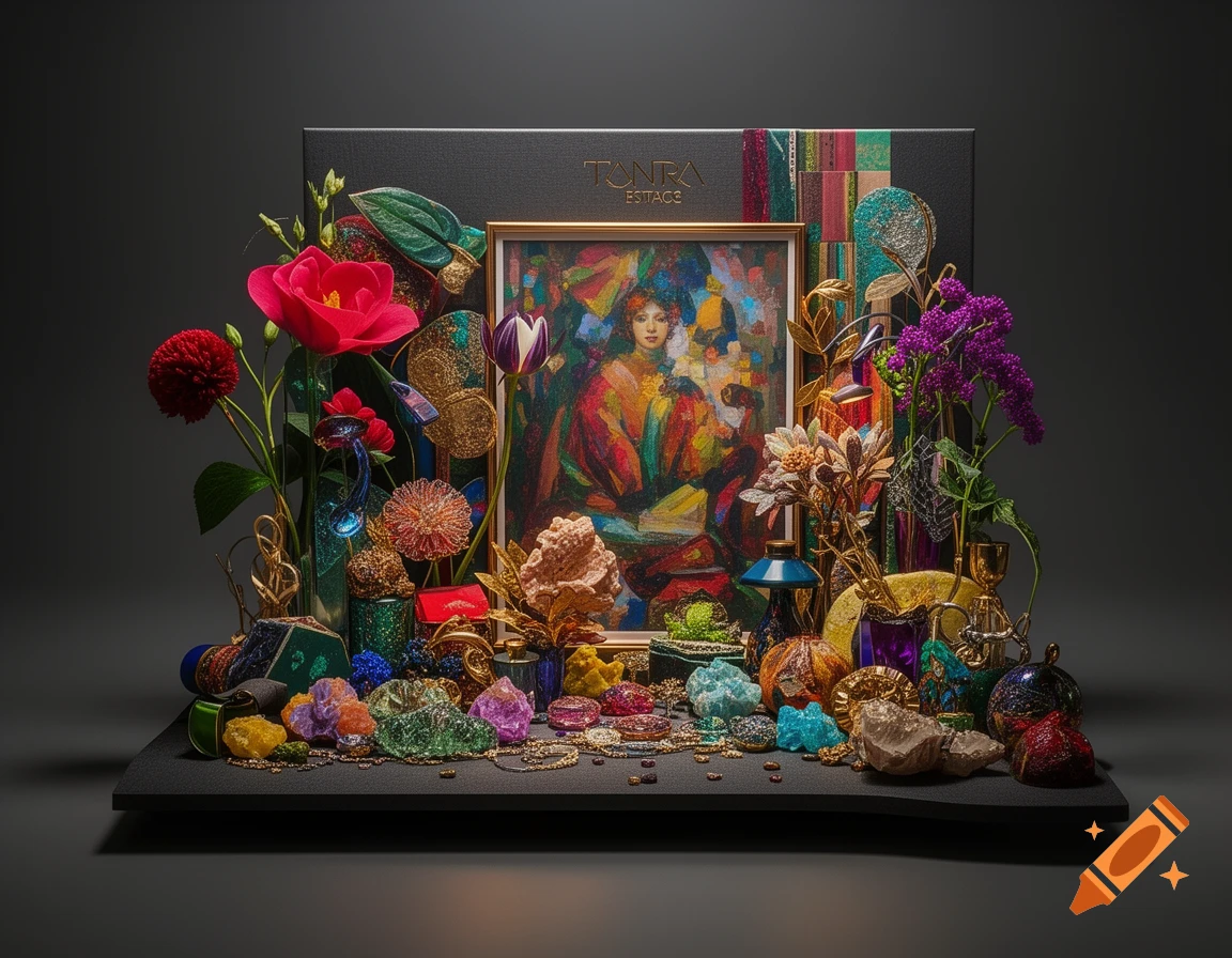 A richly detailed still life featuring a framed painting of a woman, vibrant flowers, colorful crystals, and various decorative objects on a dark surface.