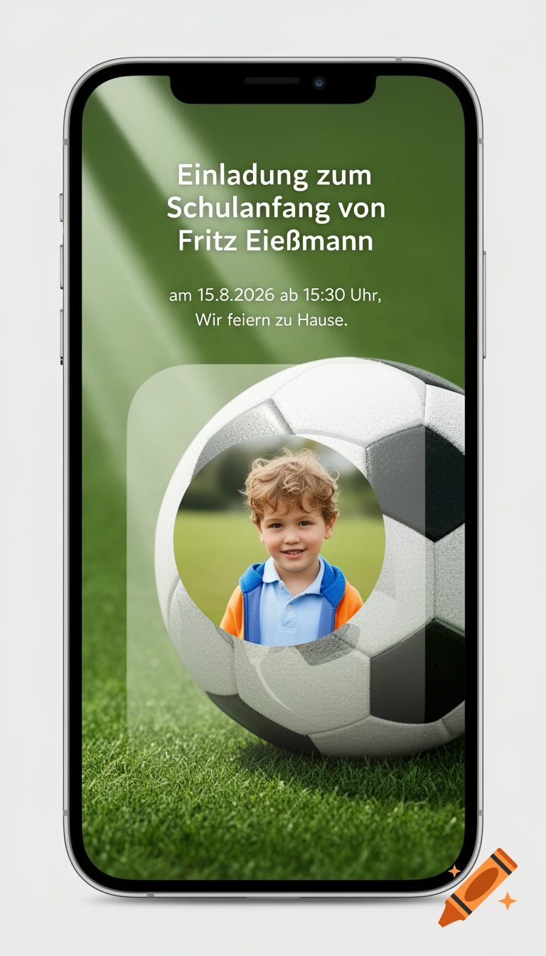 A smartphone displays a digital invitation for a child's school start, featuring a smiling boy's photo inside a soccer ball on a grassy field.