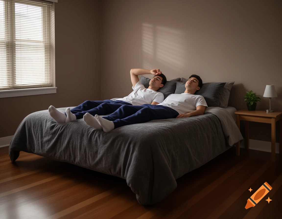 Two identical men in white t-shirts and blue pants lie on a gray bed in a sunlit bedroom with a window.