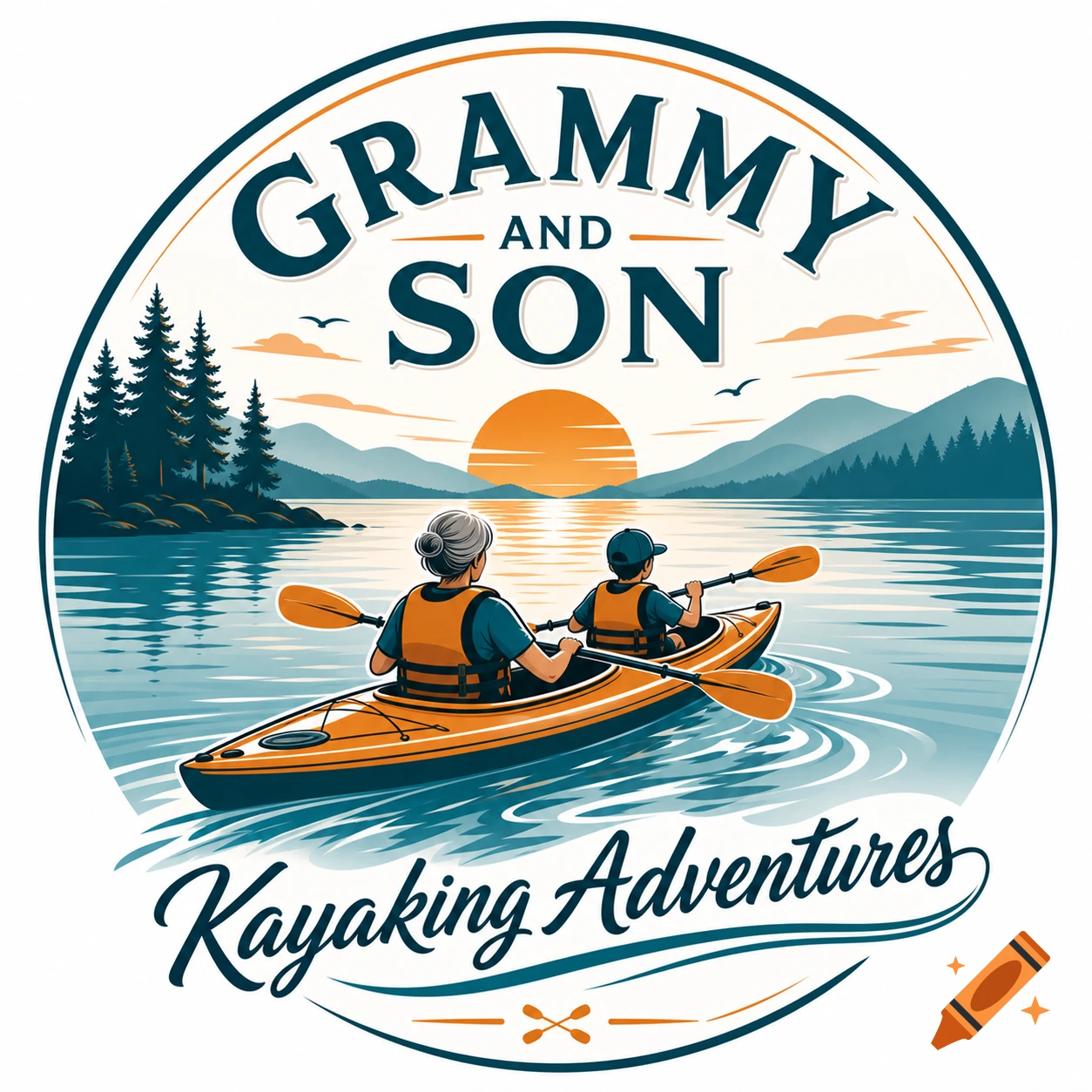 A circular logo showing a grandmother and child kayaking at sunset, with mountains and pine trees. Text reads 'GRAMMY AND SON Kayaking Adventures'.