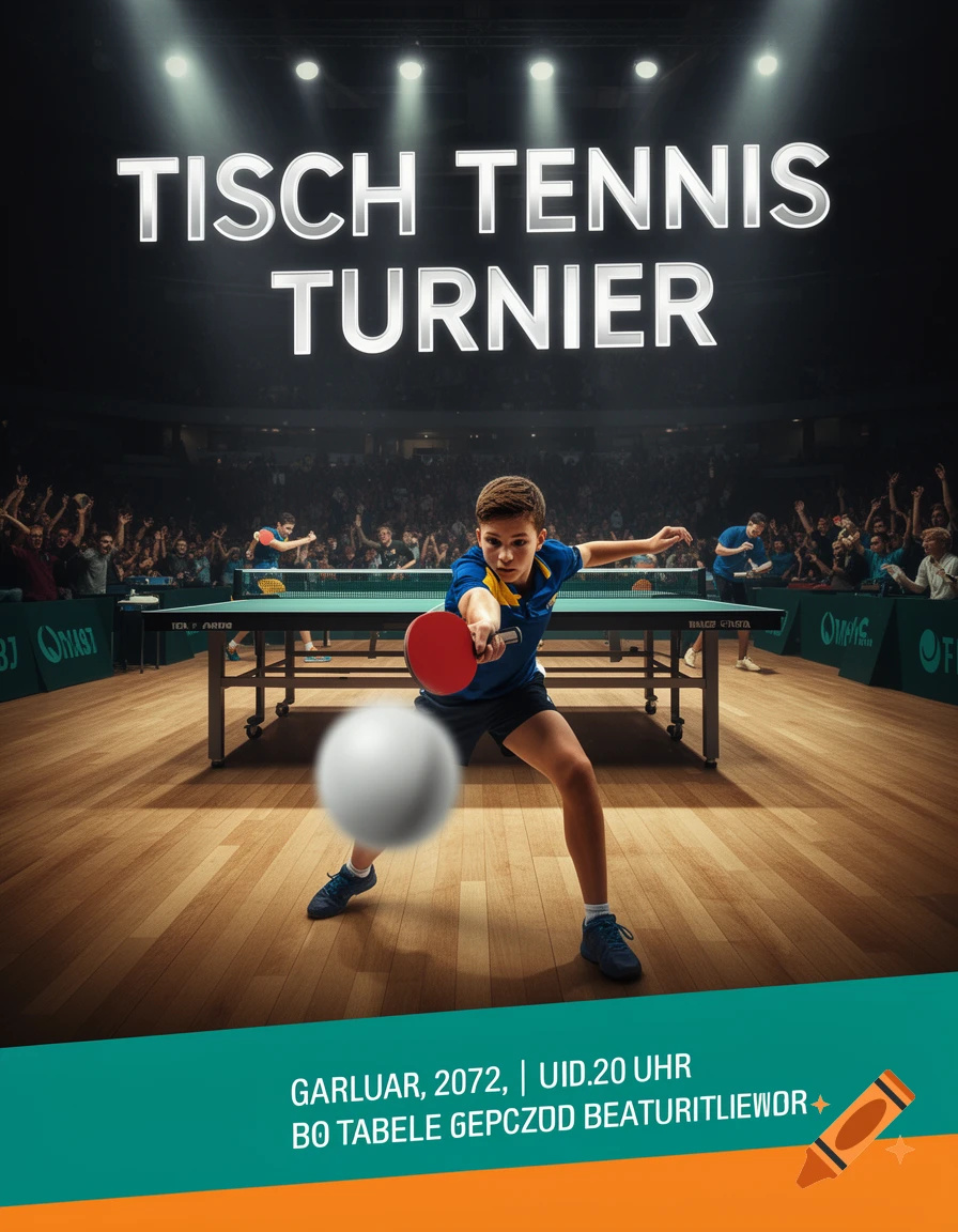 A poster for a table tennis tournament shows a young player mid-swing, a blurred ball, and a crowd in a stadium. "TISCH TENNIS TURNIER" is at the top.