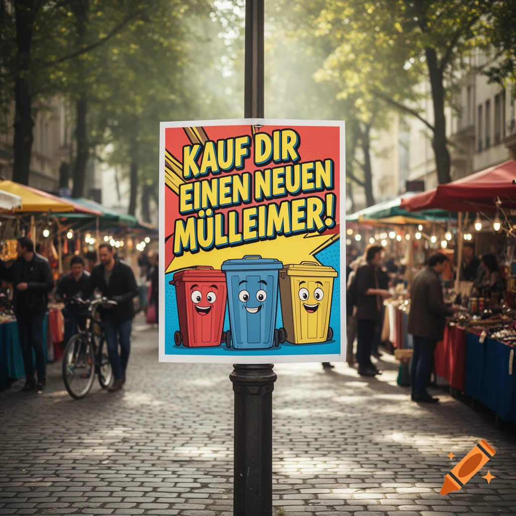 A poster with three smiling cartoon trash cans and German text 'KAUF DIR EINEN NEUEN MÜLLEIMER!' on a pole in a blurry street market.