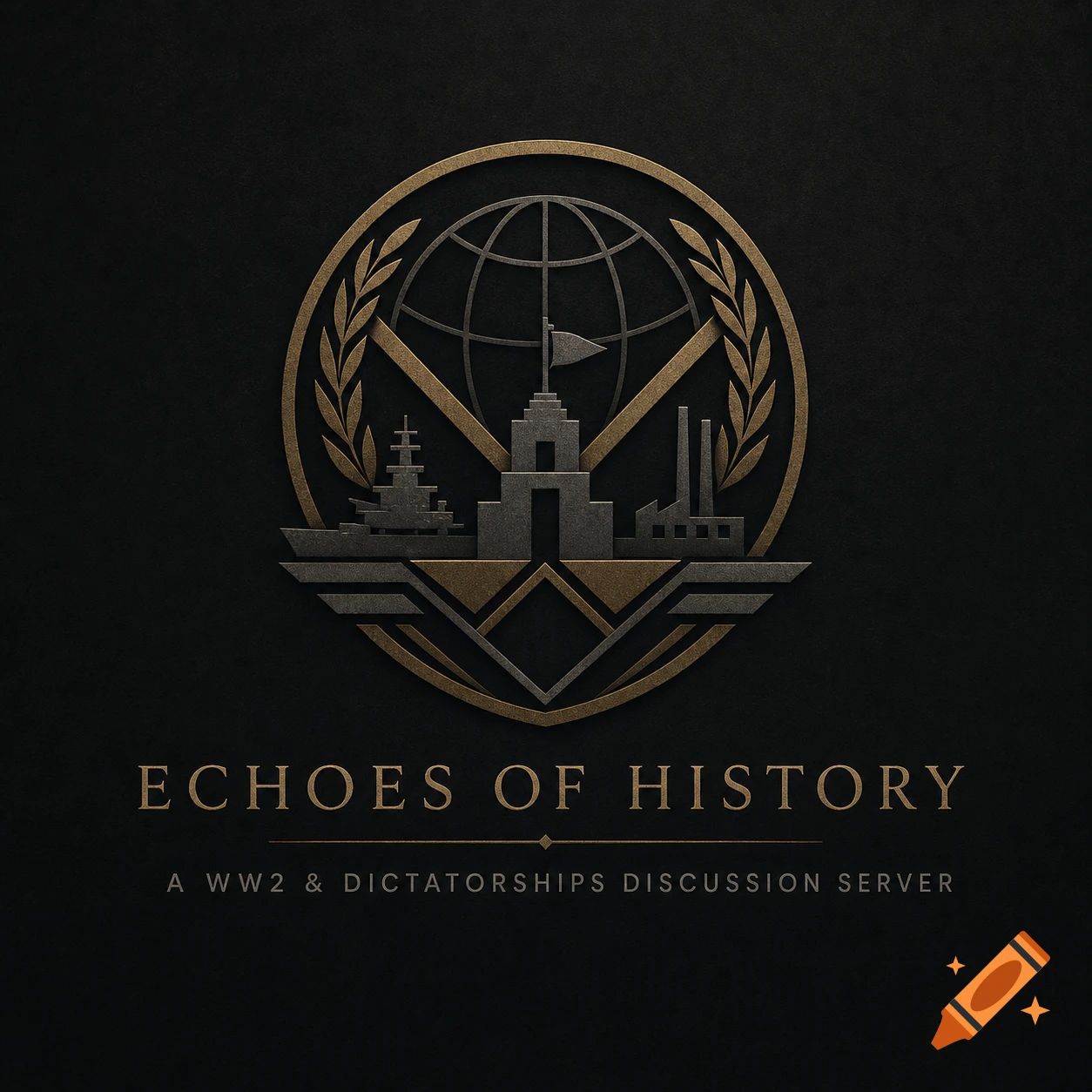 A gold and grey minimalist logo on a dark background features a globe, battleship, factory, and a building with a flag, encircled by a laurel wreath. Text reads "ECHOES OF HISTORY" and "A WW2 & DICTATORSHIPS DISCUSSION SERVER".