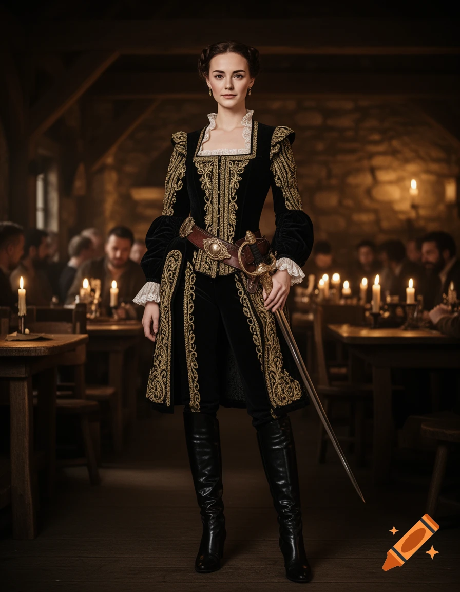 A photorealistic portrait of a noble woman in black and gold Renaissance attire with trousers and boots, holding a rapier in a dimly lit tavern.