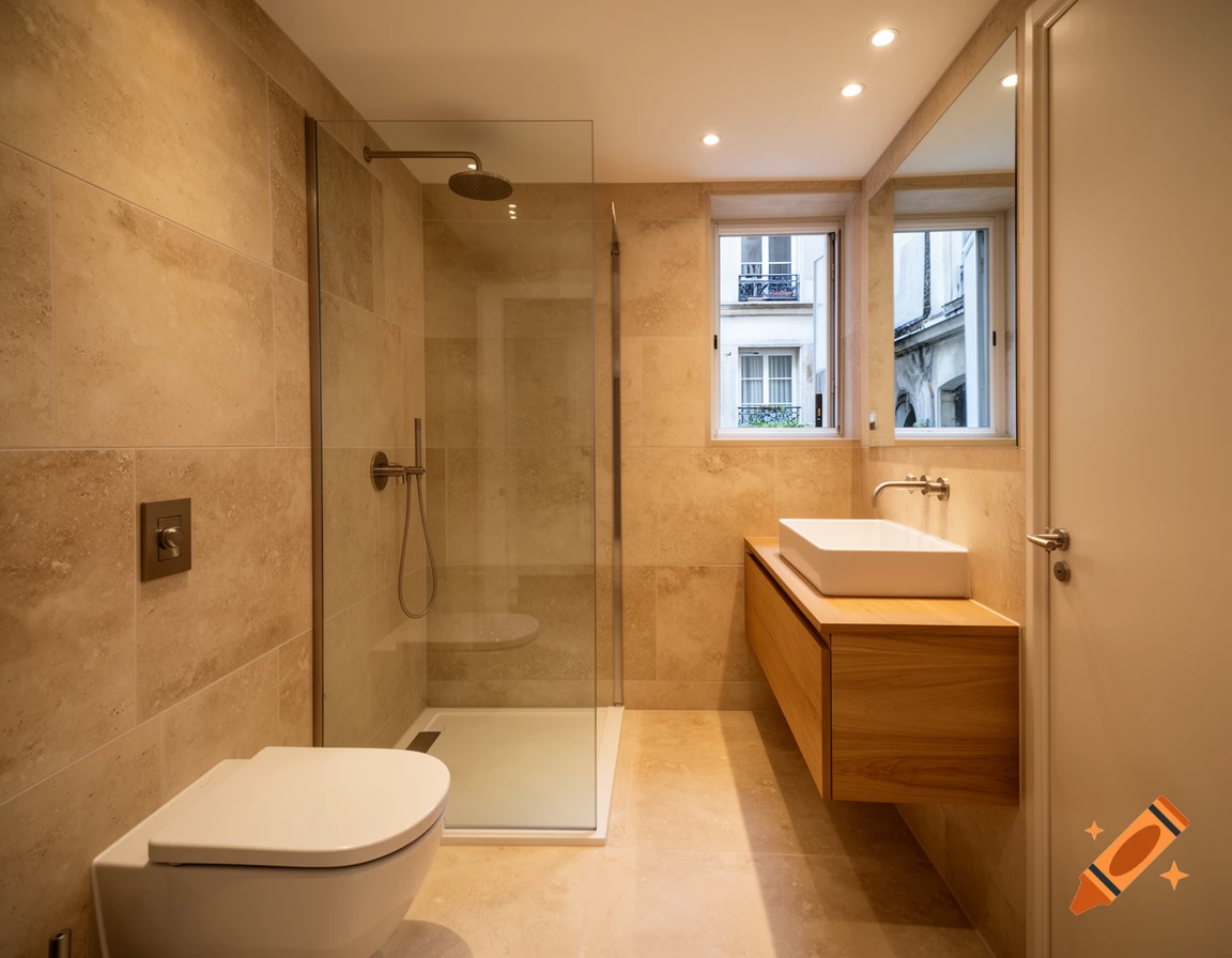 A modern Parisian apartment bathroom with a walk-in shower, white toilet, and floating oak vanity.