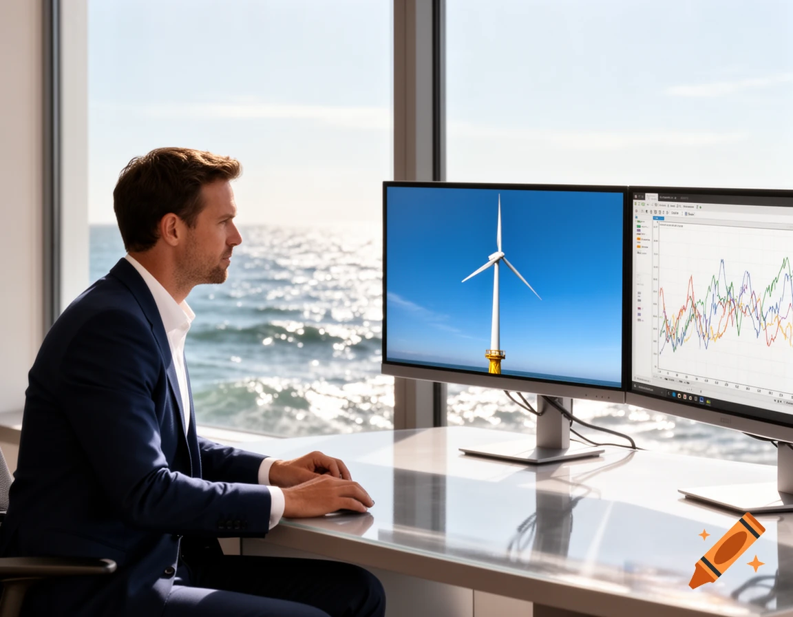 A man in a suit works at a desk with dual monitors, one displaying a wind turbine and the other graphs, with the ocean visible outside the window.