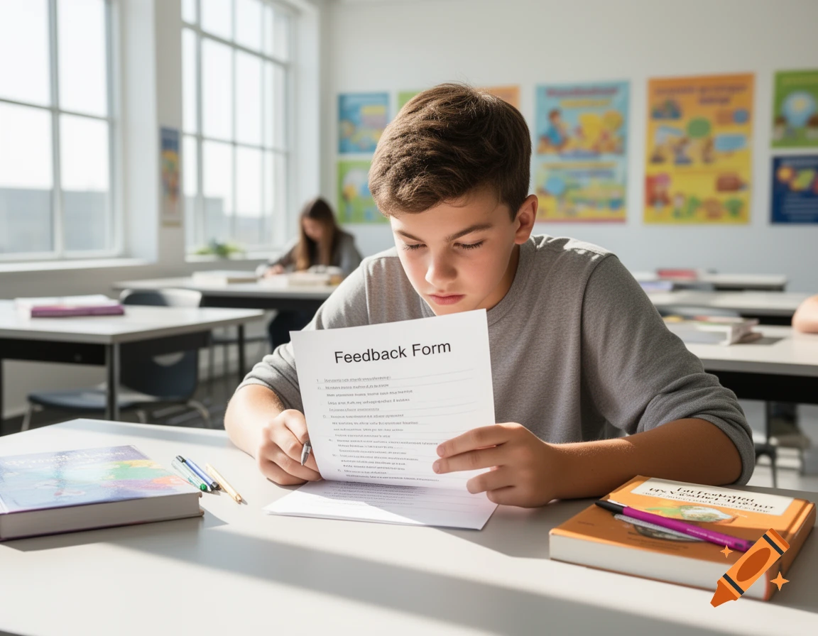 A young male student in a gray shirt sits at a desk in a bright classroom, intently reading a paper labeled "Feedback Form."