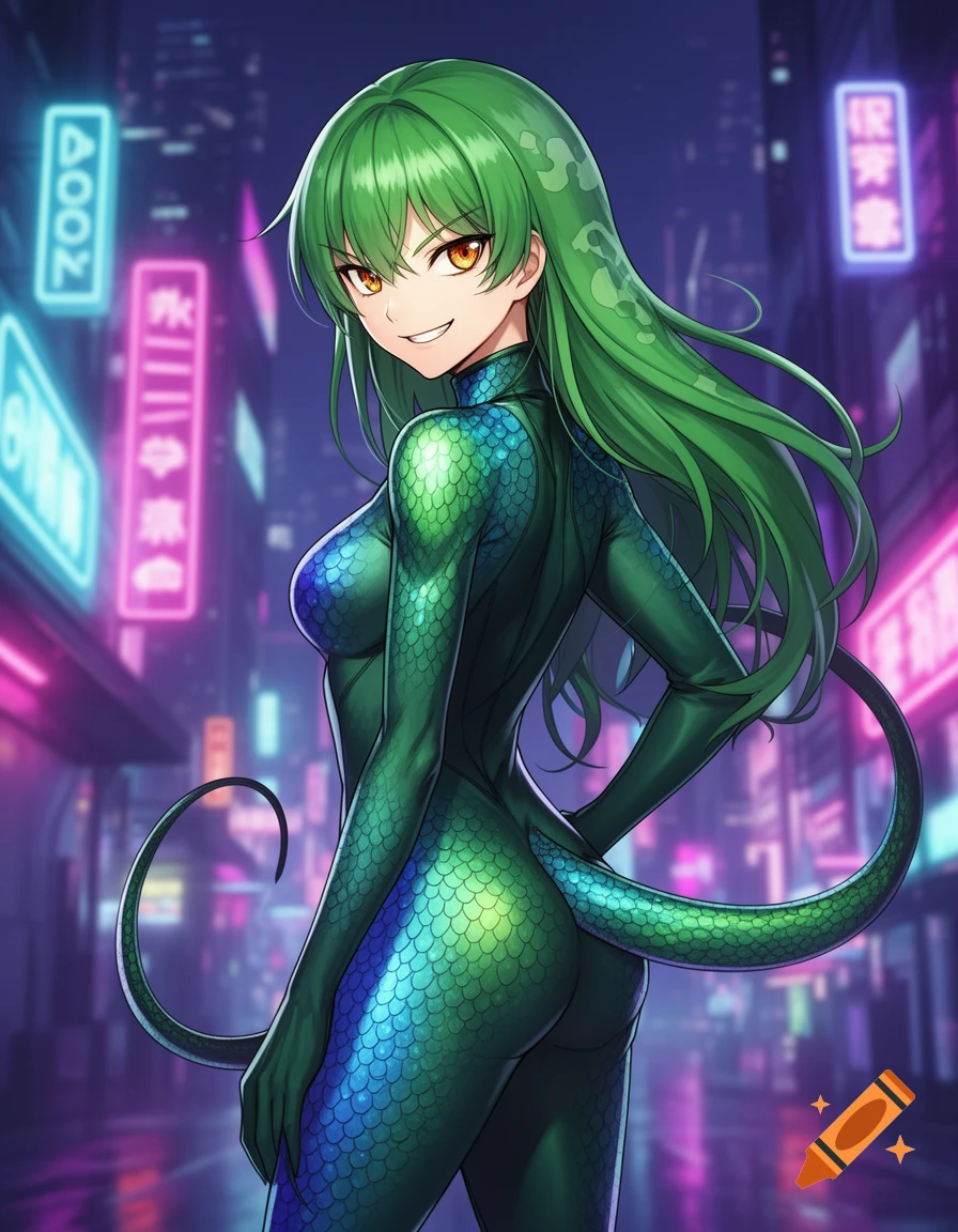 Anime girl in a green scaly suit with a tail, smiling in a neon-lit cyberpunk city.