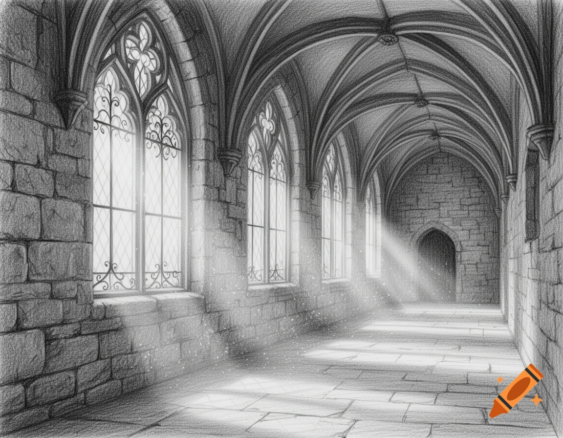Pencil drawing of a gothic castle hallway with arched windows, sunbeams, and stone walls.