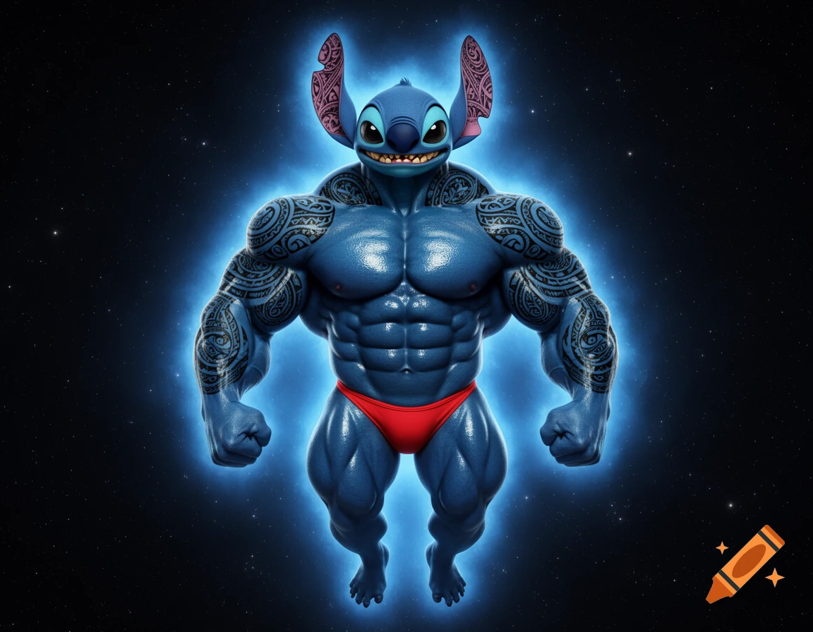 Hyper-realistic muscular Stitch with Polynesian tattoos and a red thong, glowing blue, floating in starry space.
