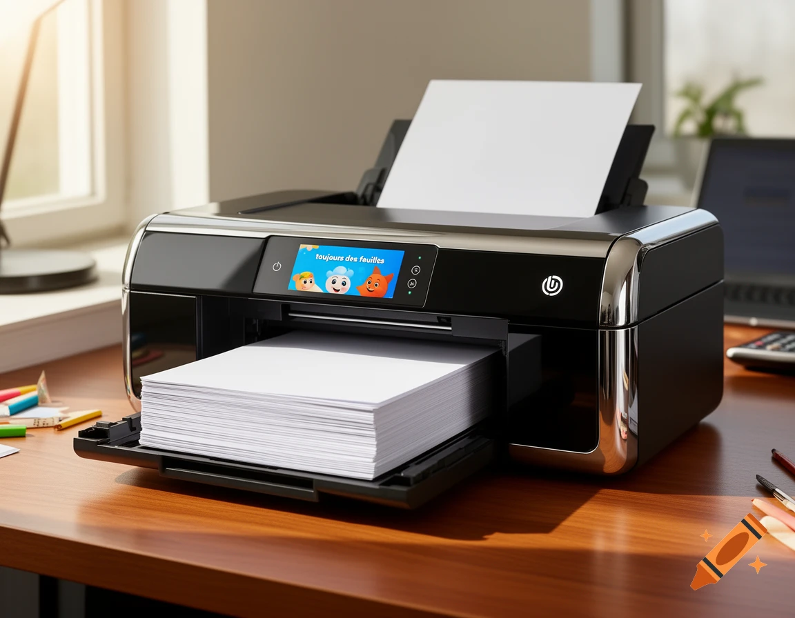 Photorealistic image of a black and chrome printer on a wooden desk, loaded with paper and displaying text and cartoons on its screen.