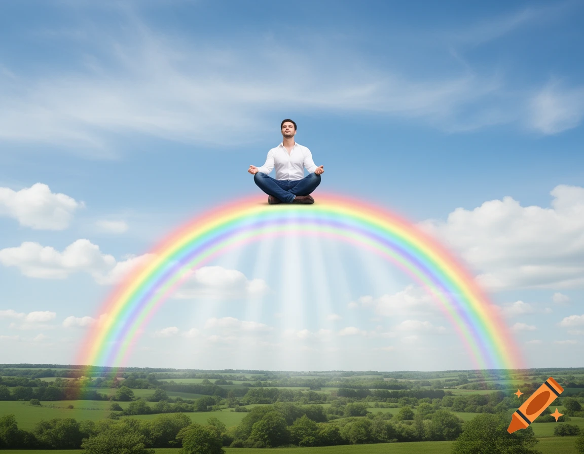 A man in a white shirt and jeans sits in a meditative pose on a vibrant rainbow arcing over a lush green landscape under a blue sky.