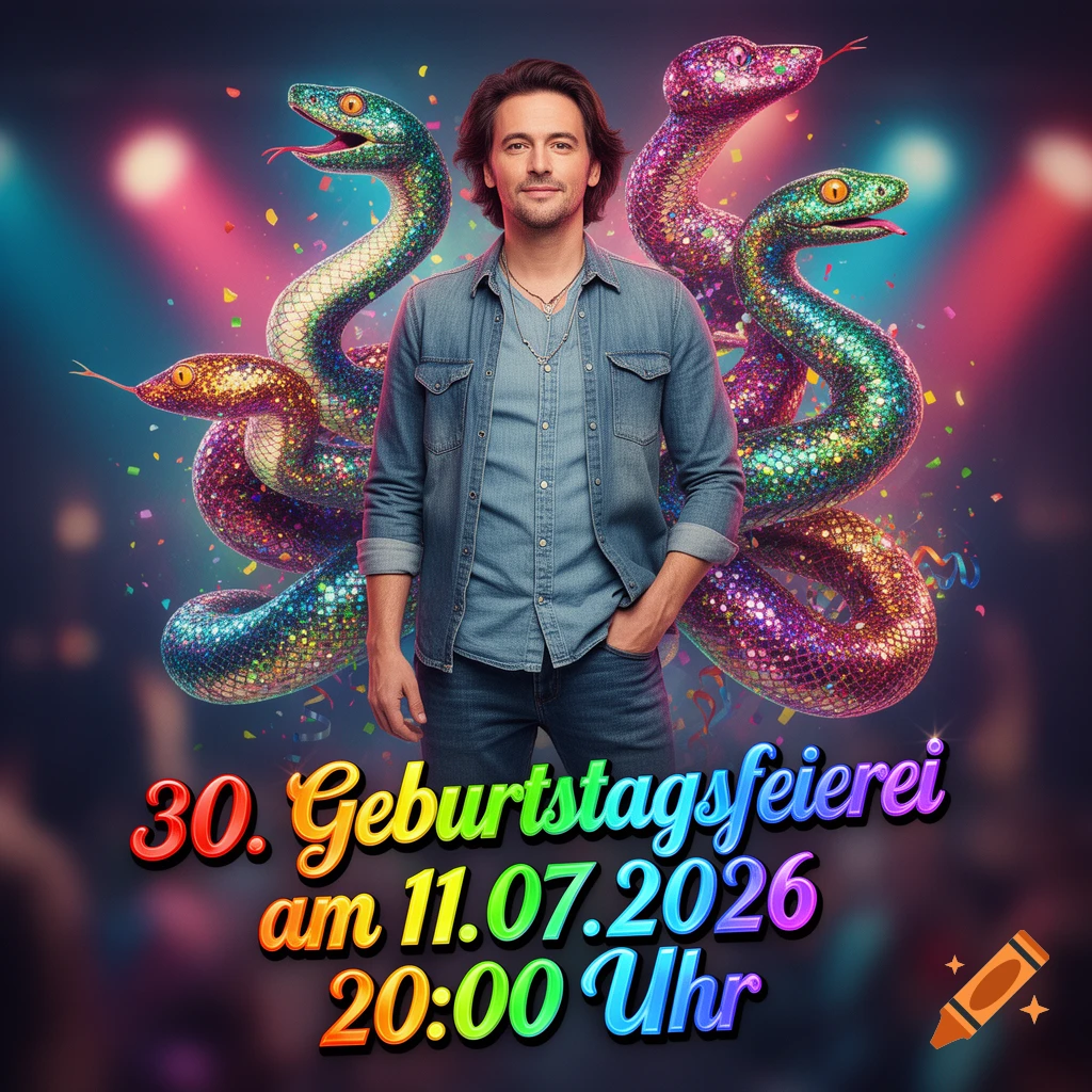 A man in a denim shirt stands against a background of sparkling, glittery snakes and falling confetti. Rainbow text below announces a "30. Geburtstagsfeierei am 11.07.2026 20:00 Uhr".