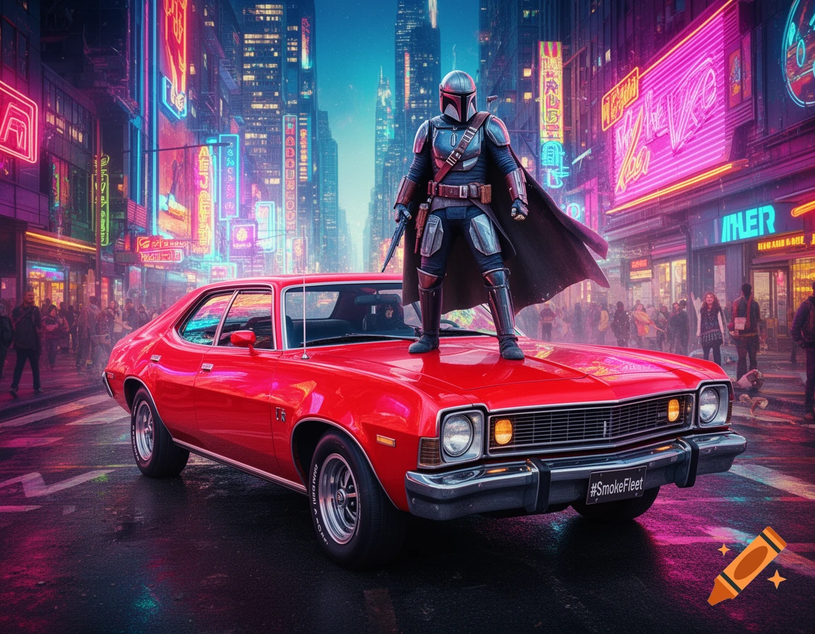 A Mandalorian stands on a bright red 1975 AMC Matador with a "#SmokeFleet" license plate in a vibrant, neon-lit cyberpunk city street.