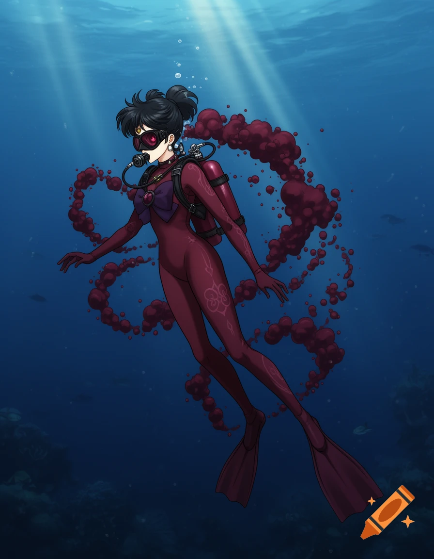 Anime woman in a dark red wetsuit scuba diving in the ocean, exhaling dark red clouds.
