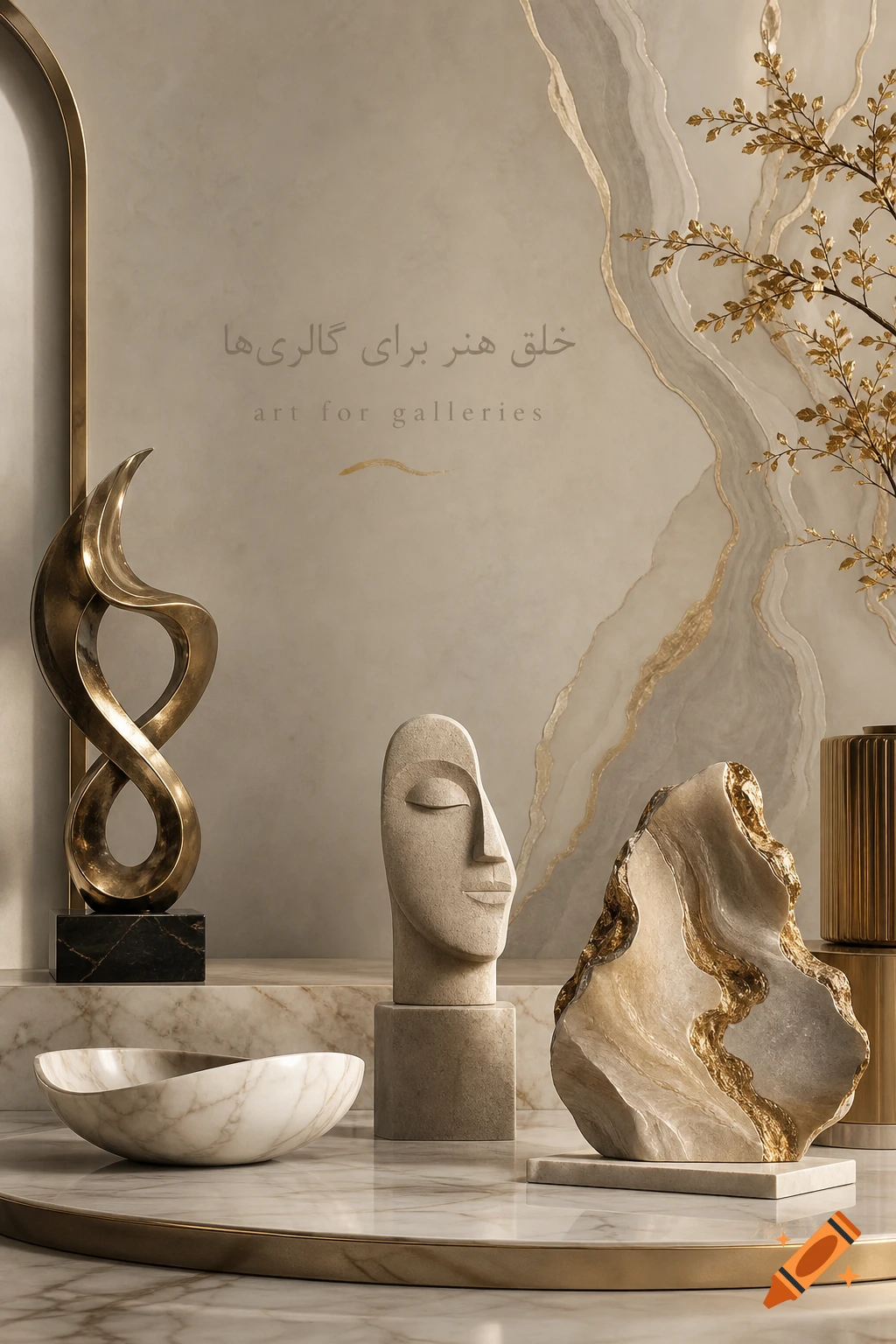 A luxurious, minimalist setting with modern art sculptures in gold and marble tones, with 'art for galleries' text on the wall.