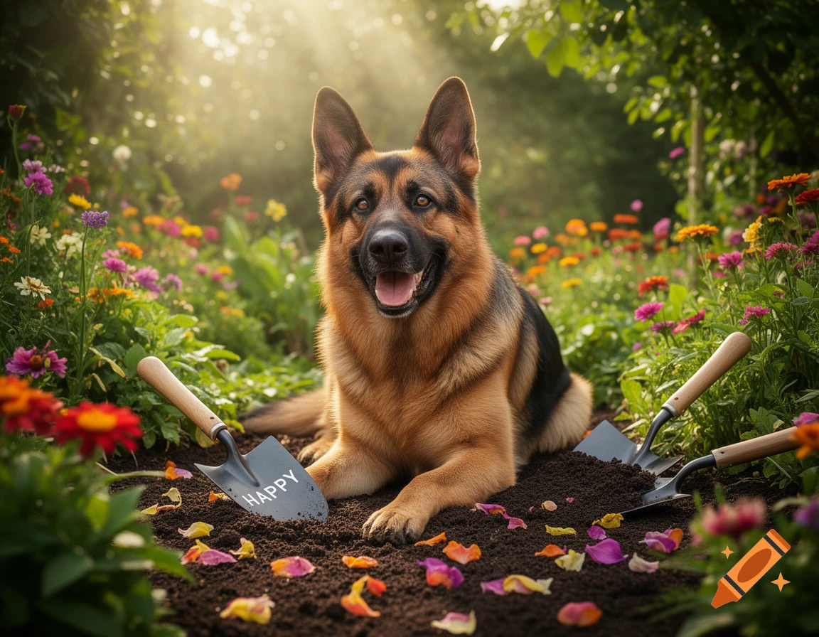 A smiling German Shepherd dog lies in a sunny garden with colorful flowers and shovels, one marked 'HAPPY'.