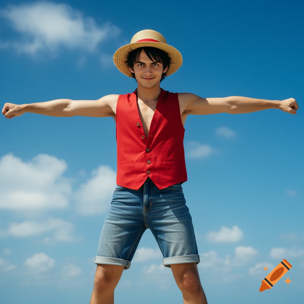 Photorealistic portrait of Iñaki Godoy as Luffy from One Piece, standing with arms outstretched against a blue sky.