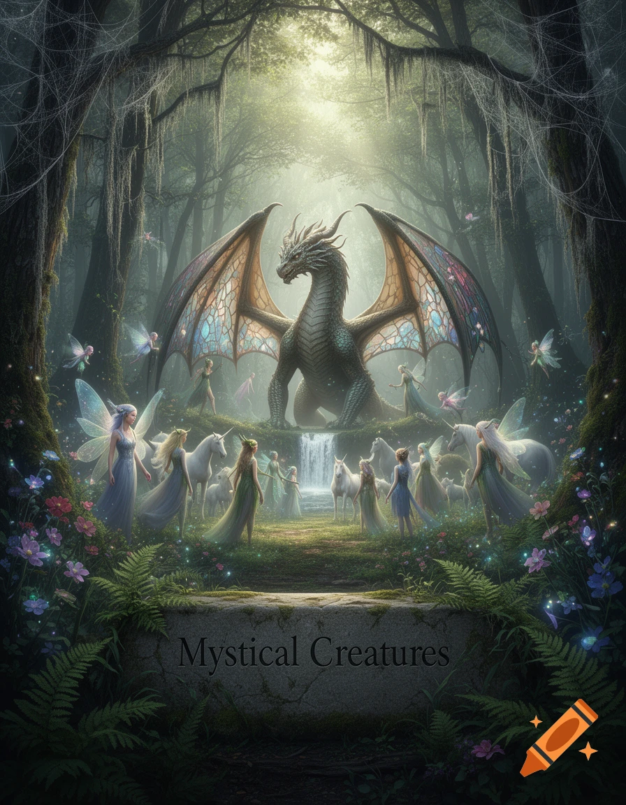A dragon with stained-glass wings, fairies, and unicorns in a mystical forest. "Mystical Creatures" carved in stone.