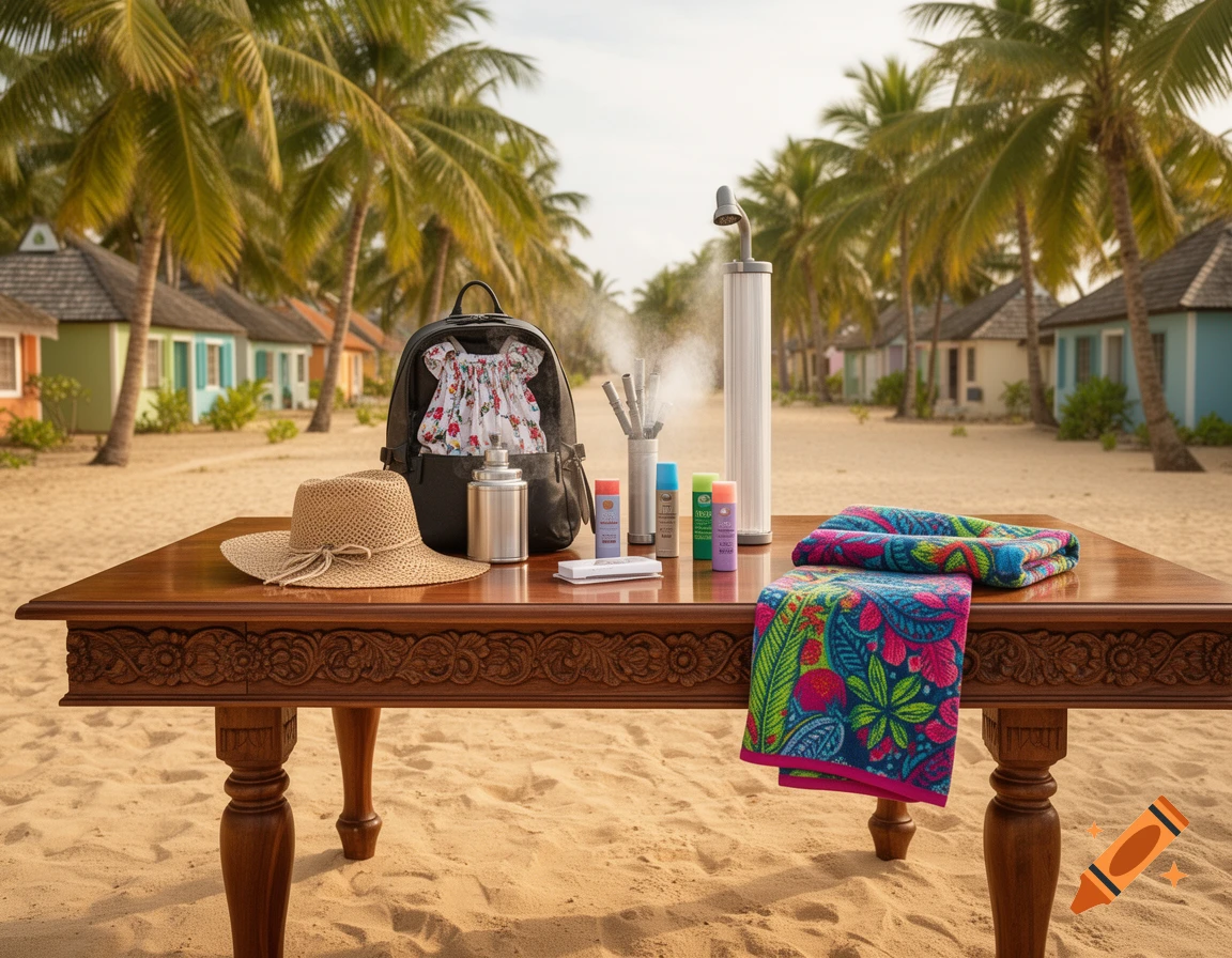 A wooden table on a sandy beach holds a backpack, straw hat, towels, bottles, and a portable shower, with palm trees and colorful huts in the background.