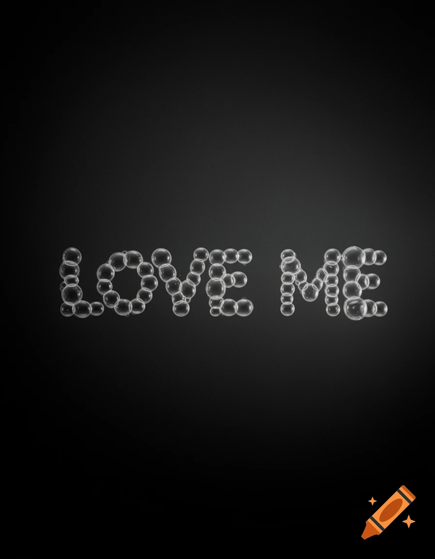 The words LOVE ME formed by clear, reflective soap bubbles on a dark, black background.
