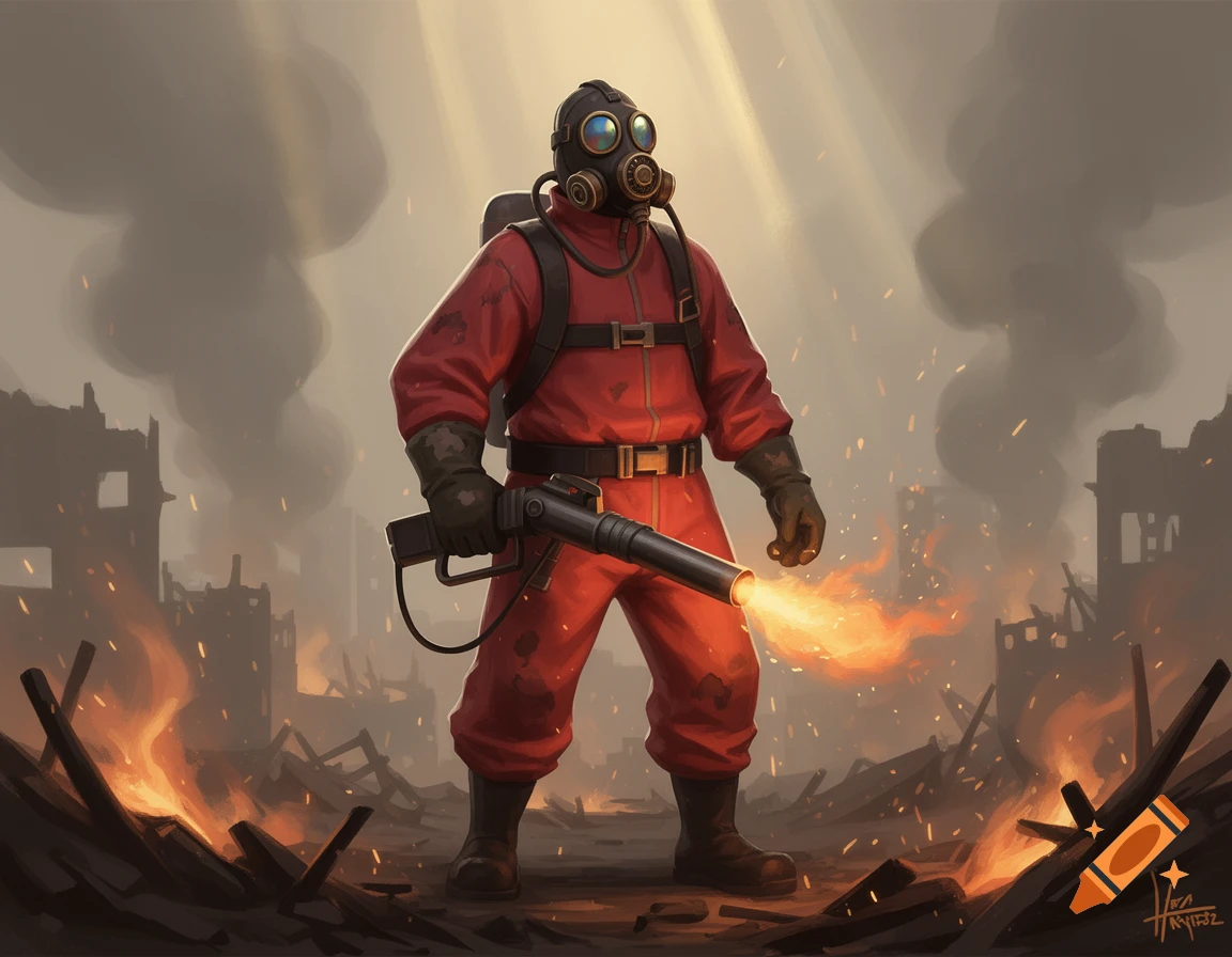 A digital illustration of the Pyro from Team Fortress 2, in a red suit and gas mask, holding a lit flamethrower in a burning, ruined city.
