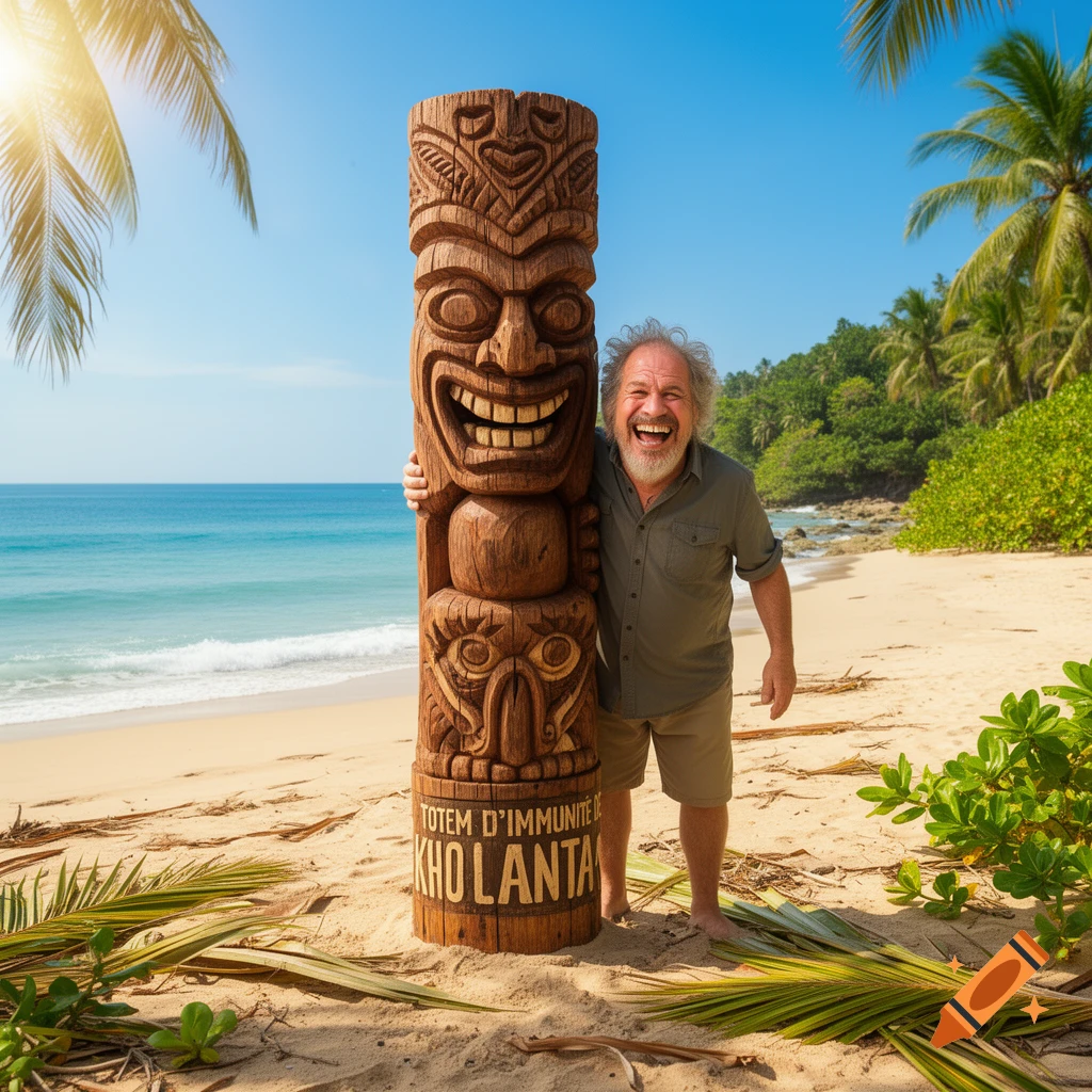 A laughing man poses next to a wooden totem pole on a sunny tropical beach with palm trees and blue ocean.