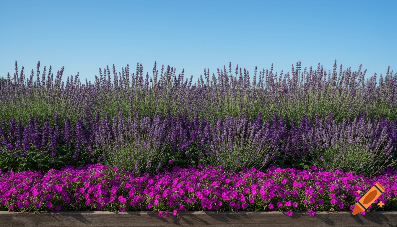 Ultra-realistic photo of a vibrant flowerbed with rows of purple lavender and fuchsia petunias under a clear blue sky.