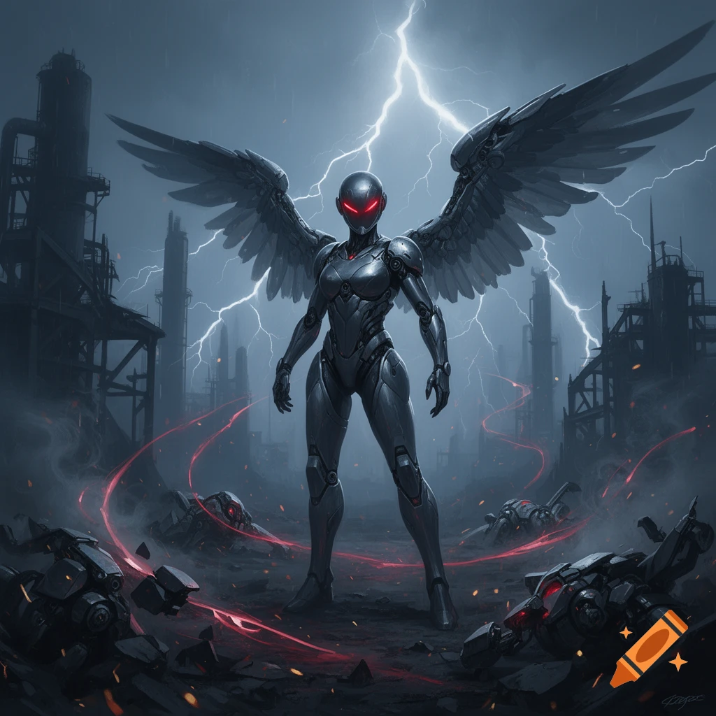 A dark metallic winged robot with red glowing eyes stands in industrial ruins under a lightning storm, with fallen robots.