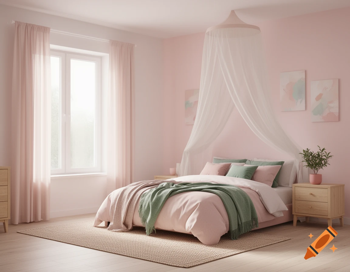 A soft pastel pink bedroom interior with a bed, canopy, large window, and light wooden furniture.