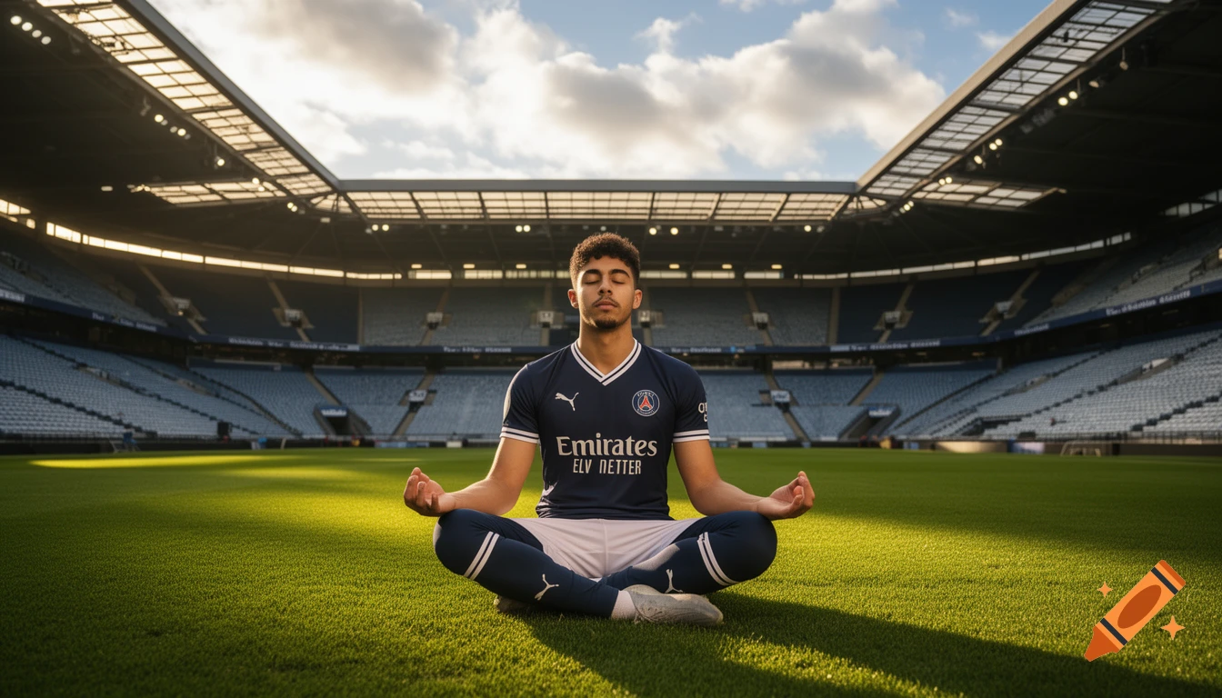 A young man in a dark blue soccer jersey meditates in a lotus position on the green grass of a large, sunlit stadium.
