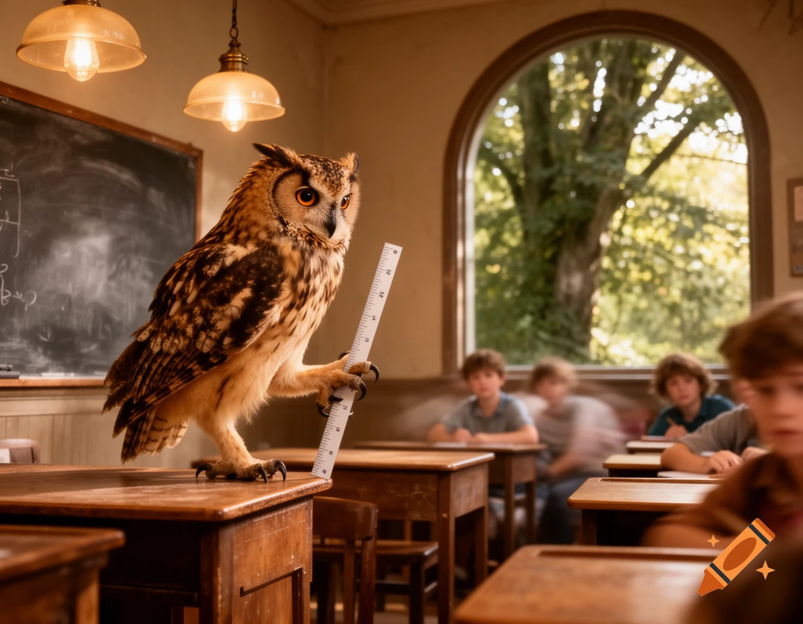 A photorealistic image of a large brown owl standing on a desk in a classroom, holding a ruler in its claw, with blurred children at desks in the background.