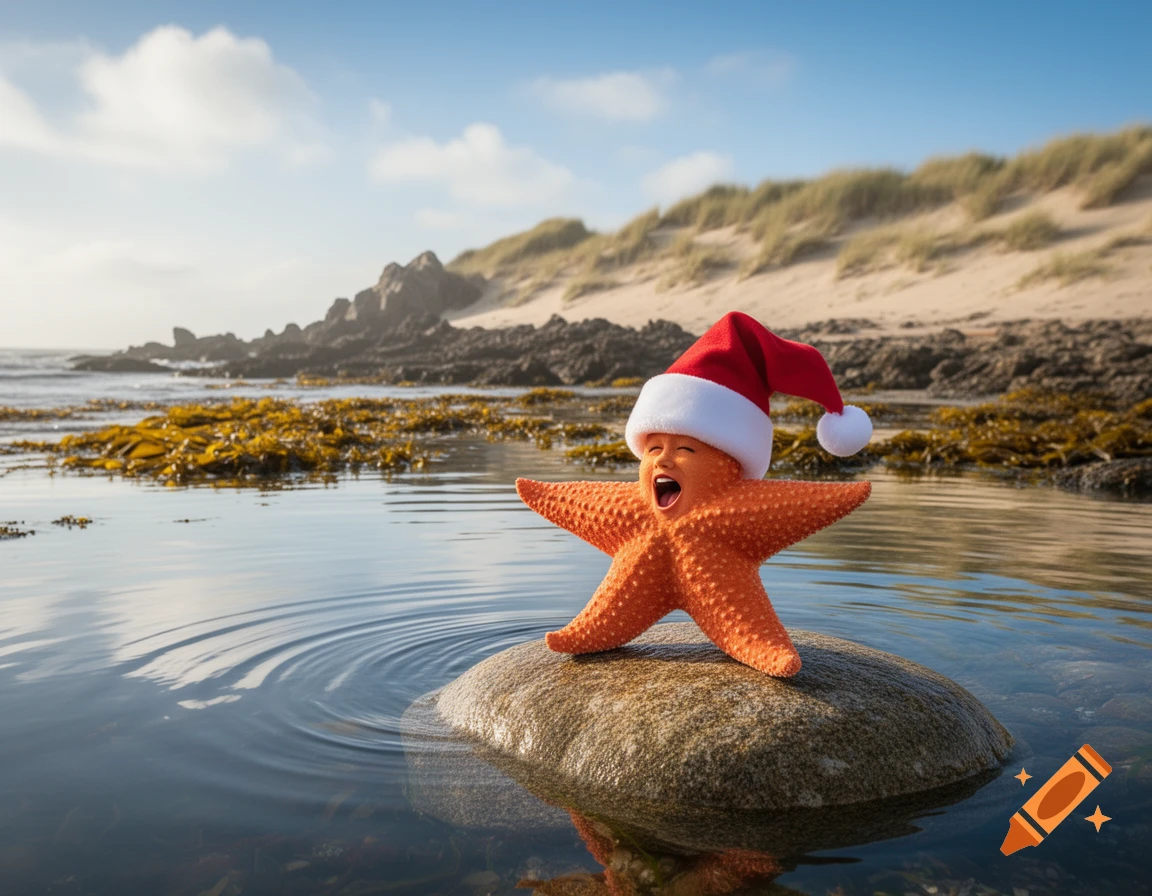 A happy starfish with a human-like face and a Santa hat stands on a rock in shallow ocean water at a sunny beach, mouth open as if singing.