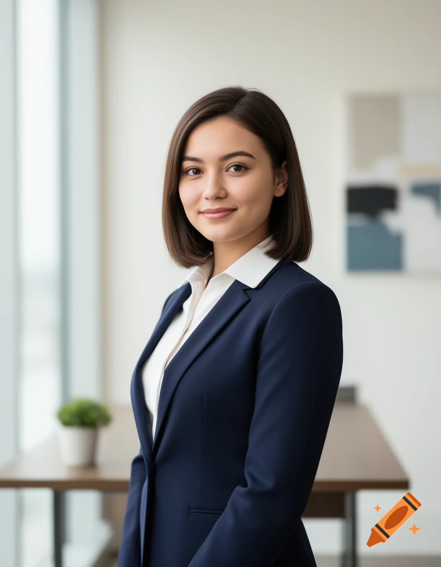 A smiling young woman with short dark hair in a dark blue business suit and white shirt, standing in a modern office.