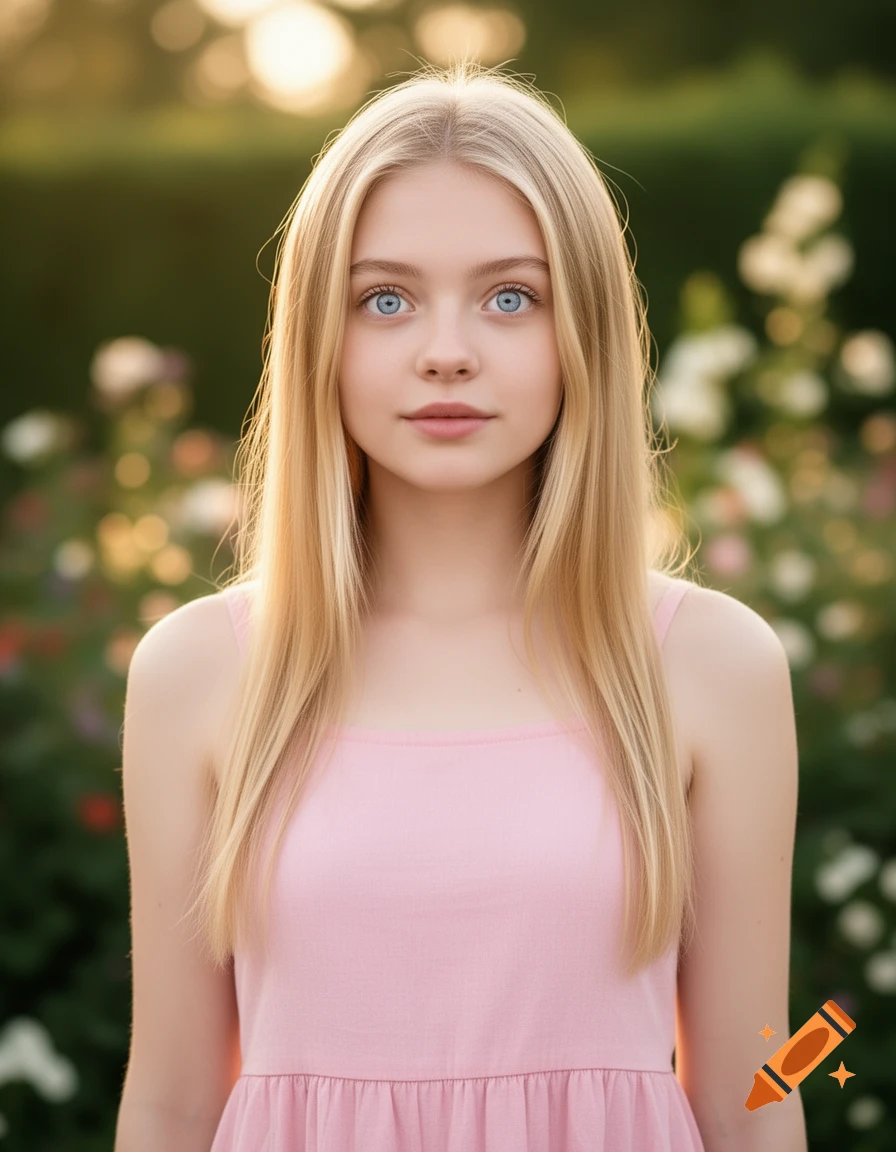 A young blonde woman with bright blue eyes in a pink top looks forward, with a blurred garden and golden sunlight in the background.