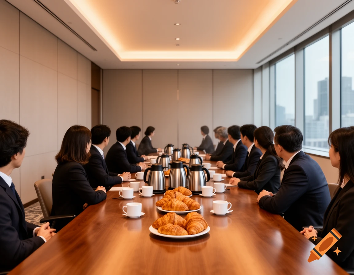 Photorealistic image of business people in suits seated around a conference table with croissants and coffee, looking towards a presentation.