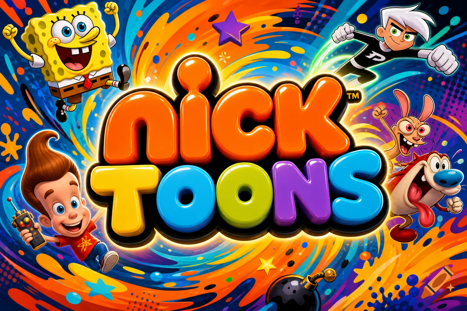 SpongeBob, Jimmy Neutron, Danny Phantom, and Ren & Stimpy surround a vibrant 'NICKTOONS' logo on a colorful, abstract background.