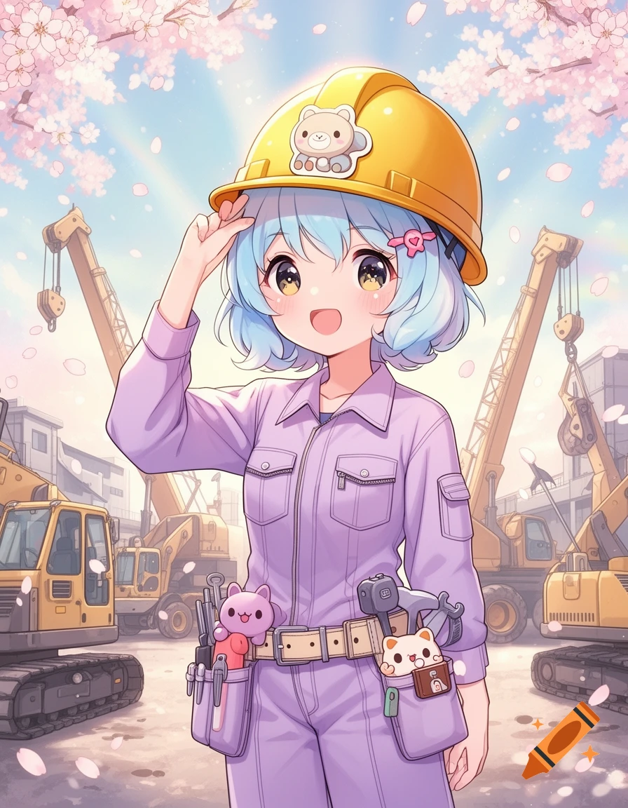 Cute anime girl in a purple construction jumpsuit and yellow hard hat, smiling at a construction site with cherry blossoms.